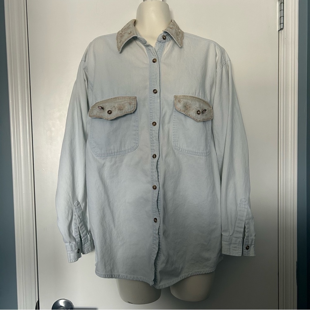 Evoke Vintage Denim Button Down Long Sleeve Top with Lace and Beaded Details